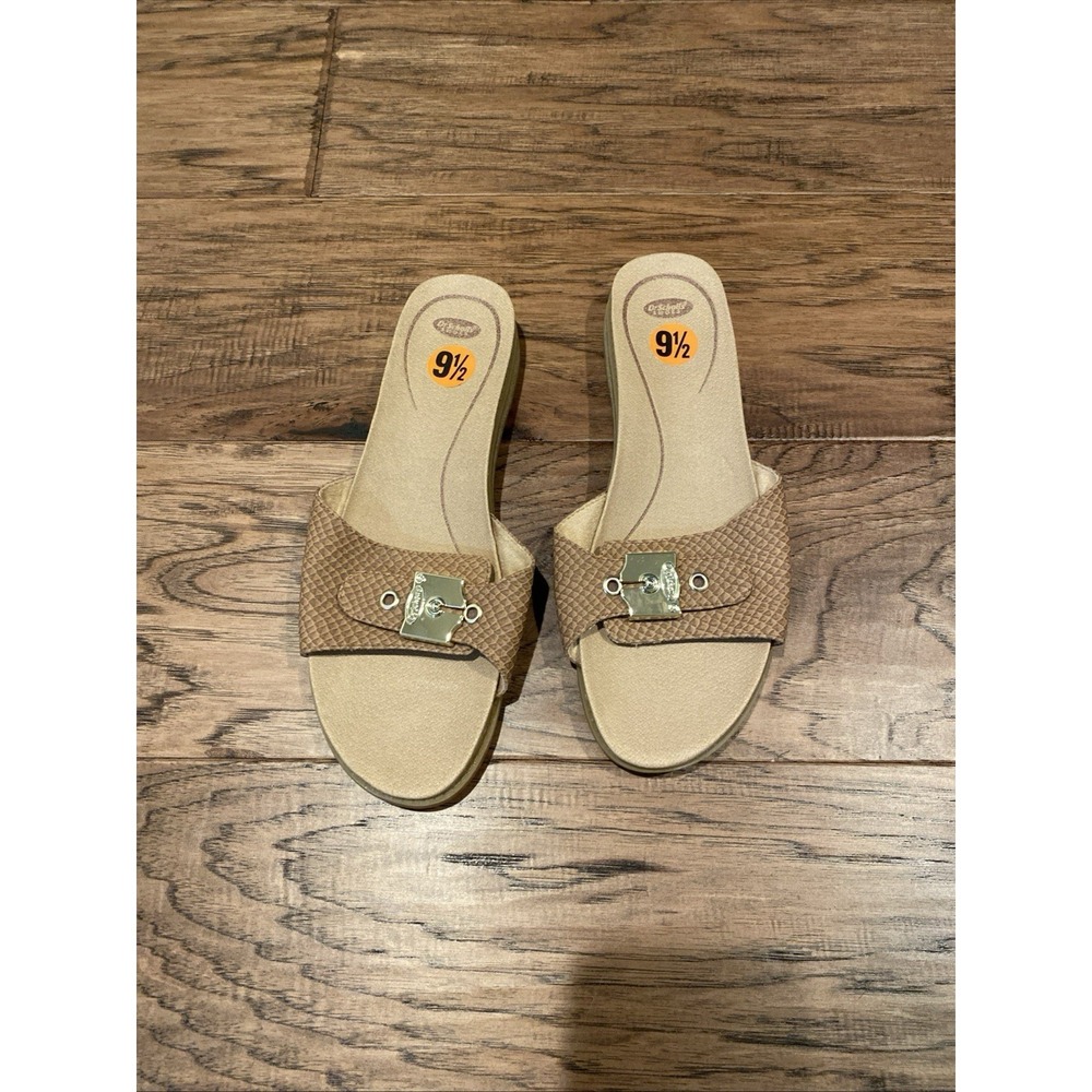 Dr. Scholls‎ Womens Tan Snakeskin Embossed Slide Sandals Gold Buckle Size 9.5